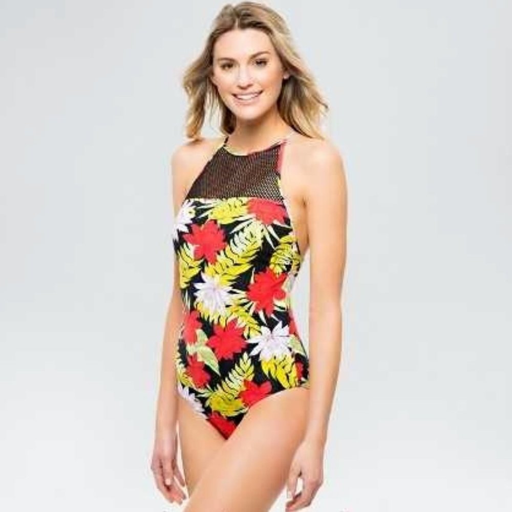SUNN LAB Women's Floral High-Neck Swimsuit Size M